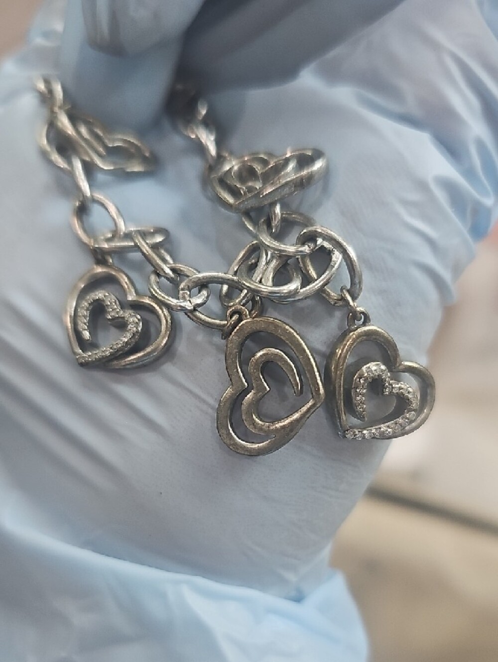 Silver Heart Charm Bracelet - Women's Heart Link Bracelet With Two Diamond Heats View 5